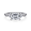 14K White Gold Emerald Cut Three Stone Lotus Diamond Engagement Ring