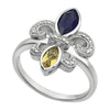 Diamond, Blue Sapphire &amp; Peridot Gemstone Fleur De Lis Ring
